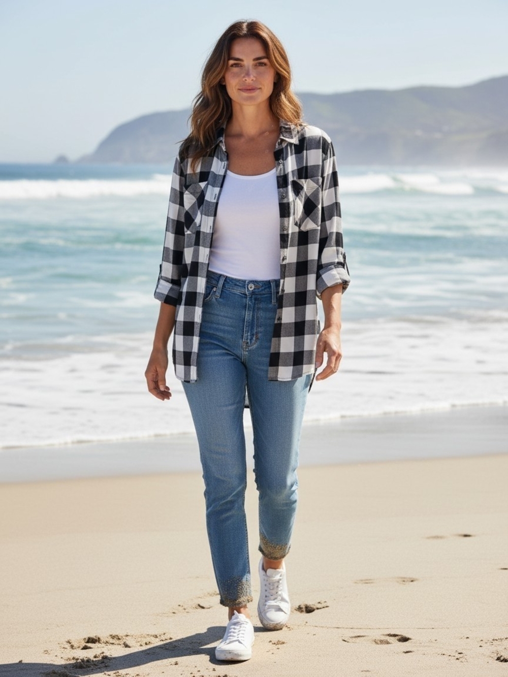 Westbound - Black & White Checkered Asymmetrical Tunic, Pockets, Side Slits,...